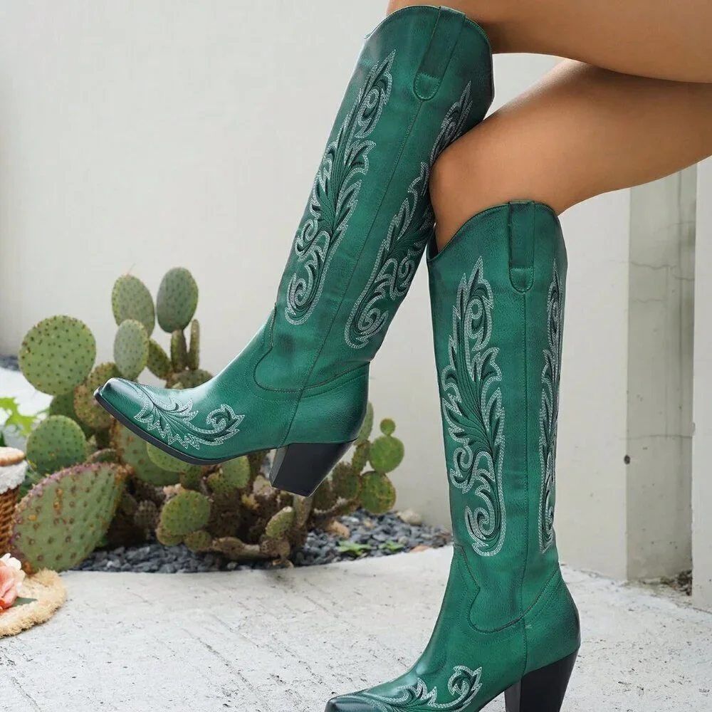 Dark Green Western Women's Embroidered Pull-On Knee High Boots